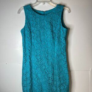 Talbots Size 4 Sleeveless Sheath Dress Floral Lace Overlay Turquoise Cotton